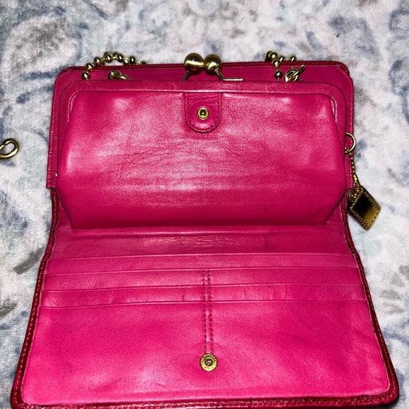 Coach Madison Red Satin Convertible Clutch Kisslock & Brass Chain Strap - Picture 5 of 5